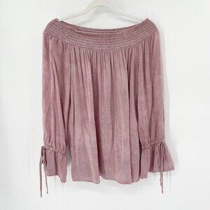 Stripe Off the Shoulder Blouse Sz M Red Smocked Bell Sleeve Tie Boho
